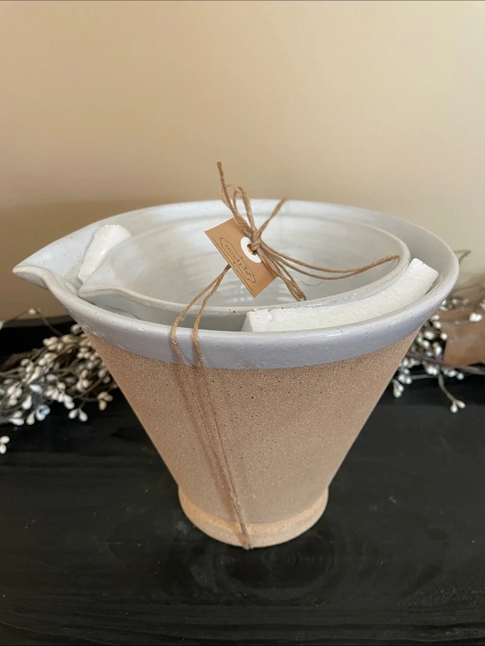 NWT Mud Pie White Glazed Terracotta Mixing/Batter Bowl Set - Two Sized Bowls